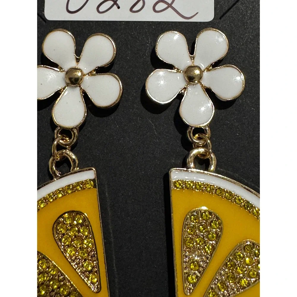 Yellow Lemon Slice Daisy Drop Earrings Gold Tone Rhinestone Enamel Fruit Jewelry